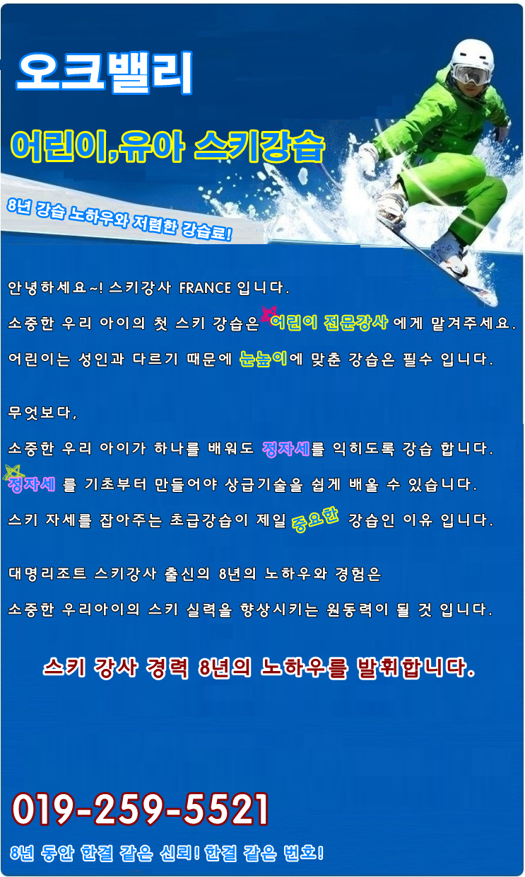 [오크밸리 스키강습] 어린이, 유아 , 성인 초보자 전문! 주간 리프트권 1만원! - 스키 클리닉/강습/스쿨 - 닥터스파크