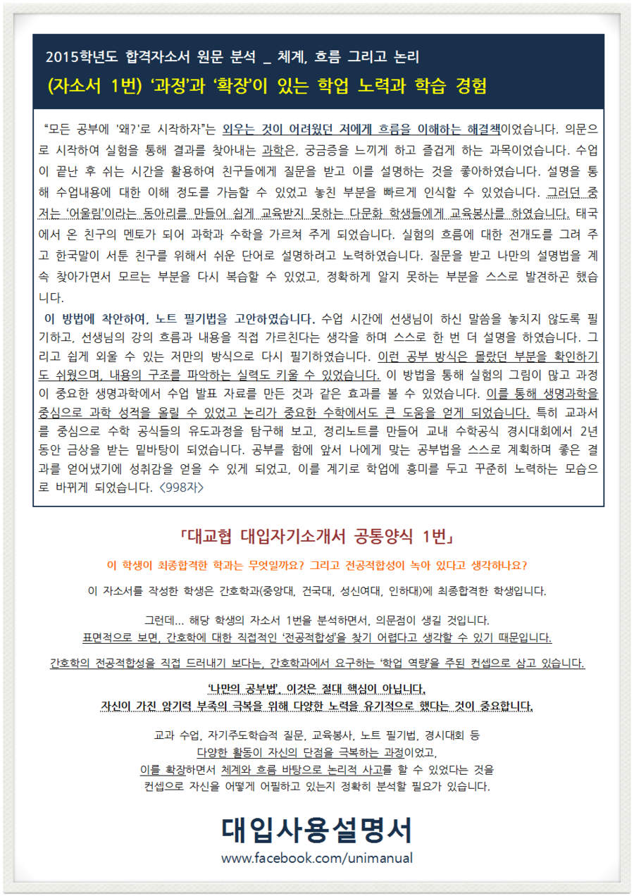 자기소개서 1번 과정이 있는 학습 경험과 학습 노력 간호학과 전공적합성 2015학년도 학생부종합 중앙대 건국대 성신여대 인하대 간호학과 최종합격생 네이버 블로그